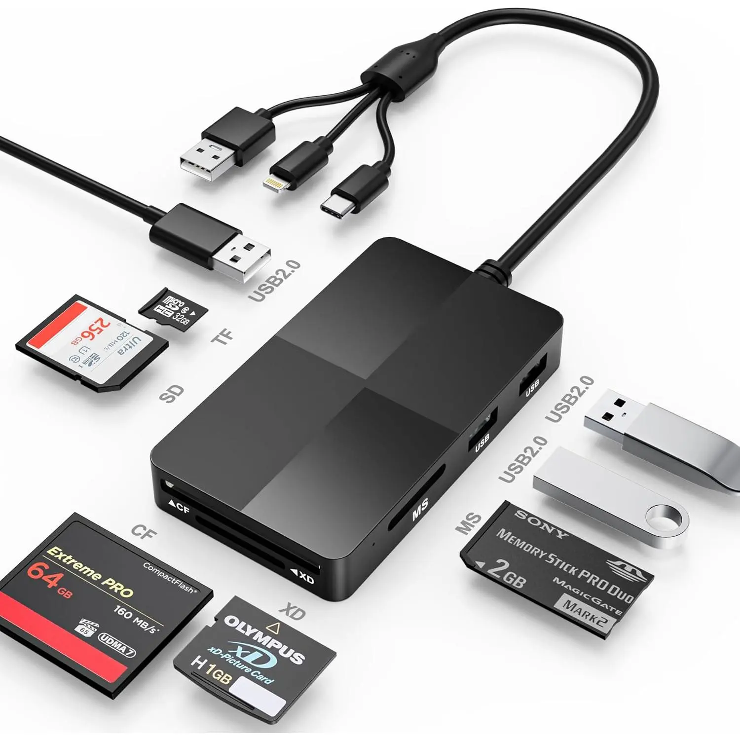 Memory Stick Pro Duo Reader Adapter, 8 in 1 SD/MS/TF/CF/XD Card Reader with 3 USB 2.0 Ports, Lightning+USB A+USB C, Multi Memory Card Reader Support OTG, Fast Data Transfer Portable