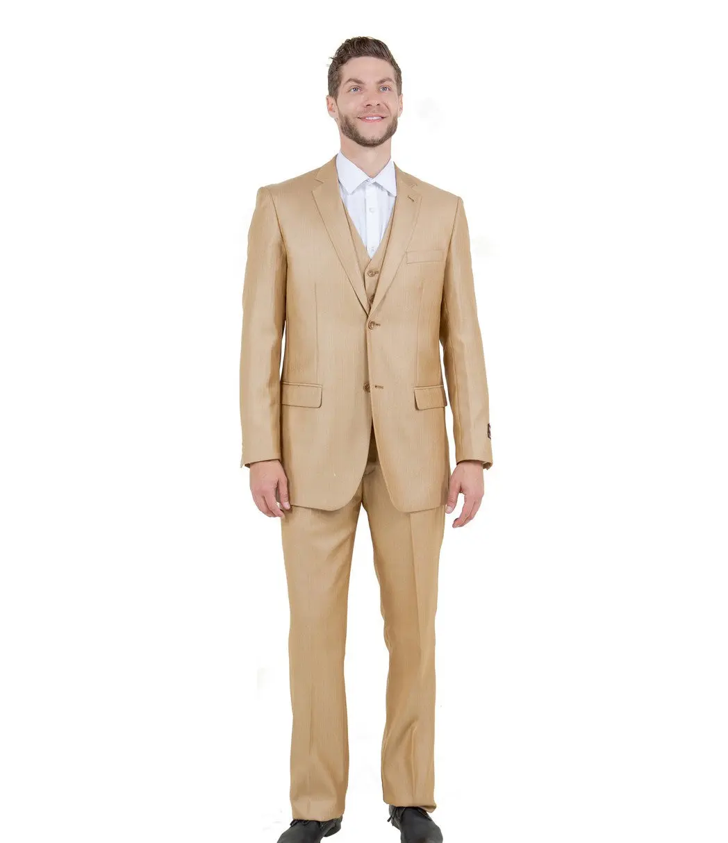 Textured 3-Piece Modern Fit Suit with Notch Lapel - Wheat