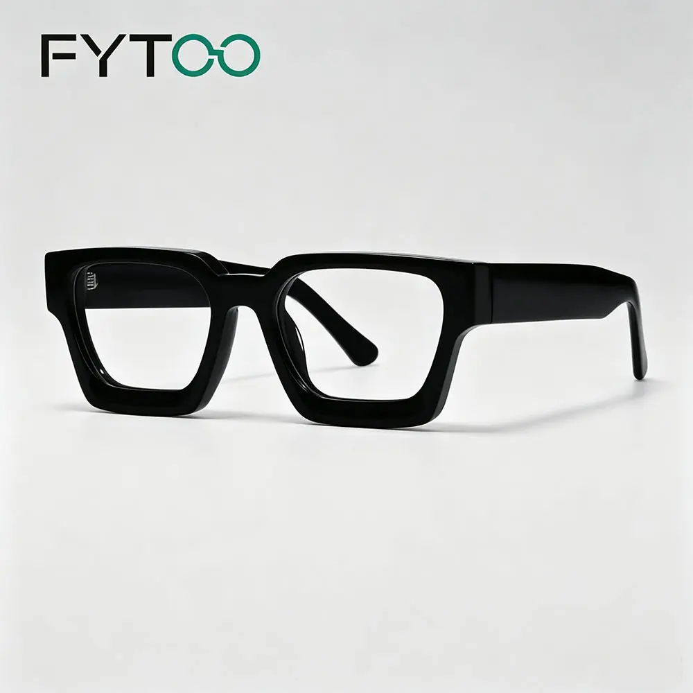 FYTOO Unisex Full Rim Thick Rectangle Acetate Glasses - Bold Retro Statement Eyewear for Daily Wear, Replaceable Thick Lens Frames, Pc, Customizable Replacement Lenses Non-Prescription Glasses