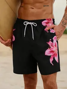 Men's Fashion Beach Shorts, Bottom Floral Pattern, Casual Polyester Fiber Drawstring Waist, Lightweight Comfortable Summer Wear, Swimwear Shorts, Lightweight Beach Trunks, Swim Bottoms
