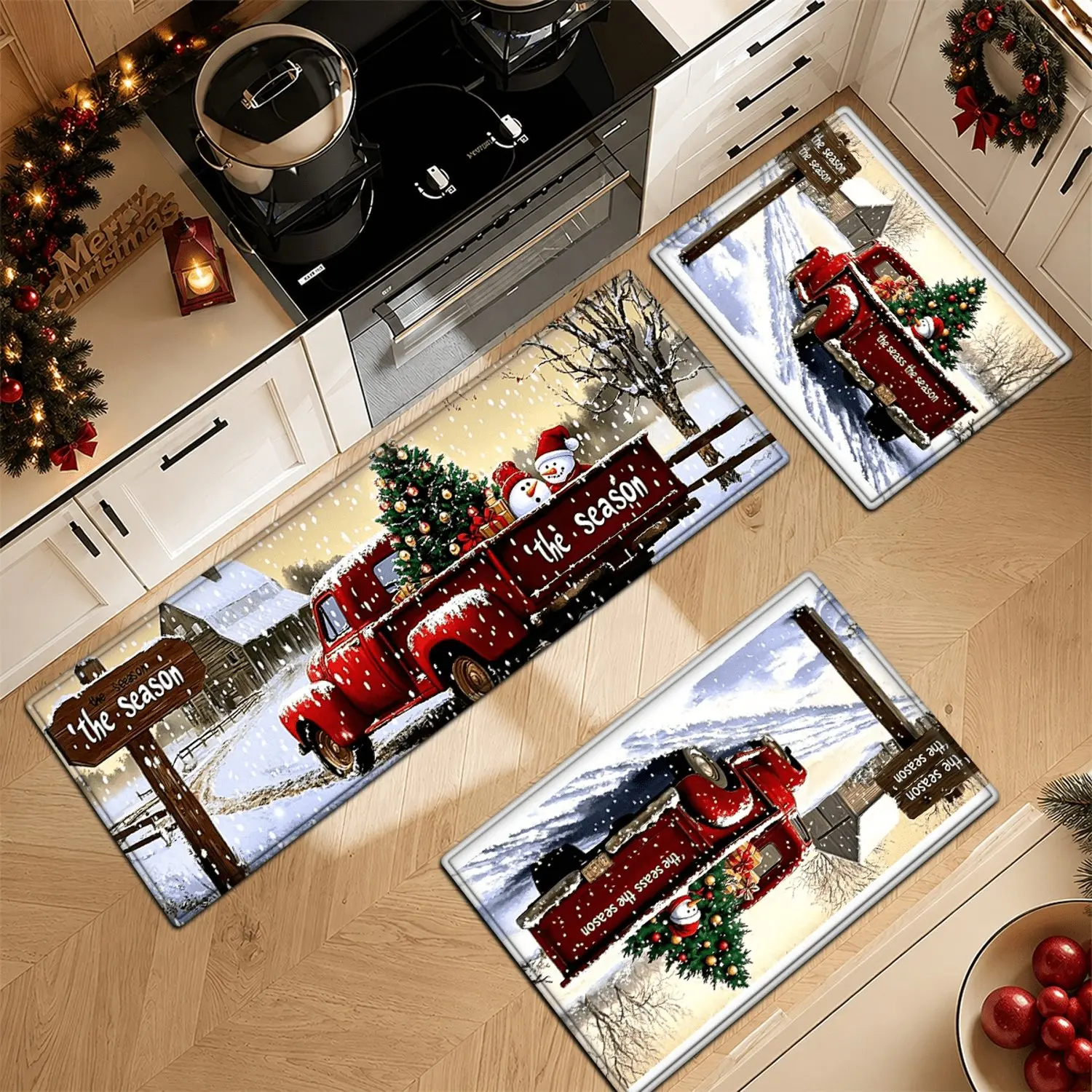 1pc Merry Christmas Red Truck and Christmas Tree Flannel Area Rugs Soft Washable Water Absorbent Kitchen Floor Home Decorative Floor Mat with Festive Holiday Pattern