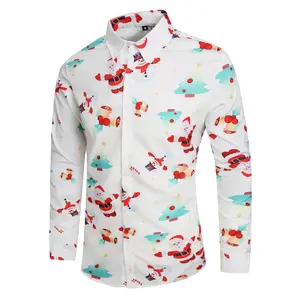 Junbaoss Men's Christmas Printed Long Sleeve Shirt - Santa Claus Snowman Tree Pattern Casual Button-Down White Shirt for Holiday Party, Ugly Christmas Sweater Alternative Fabric