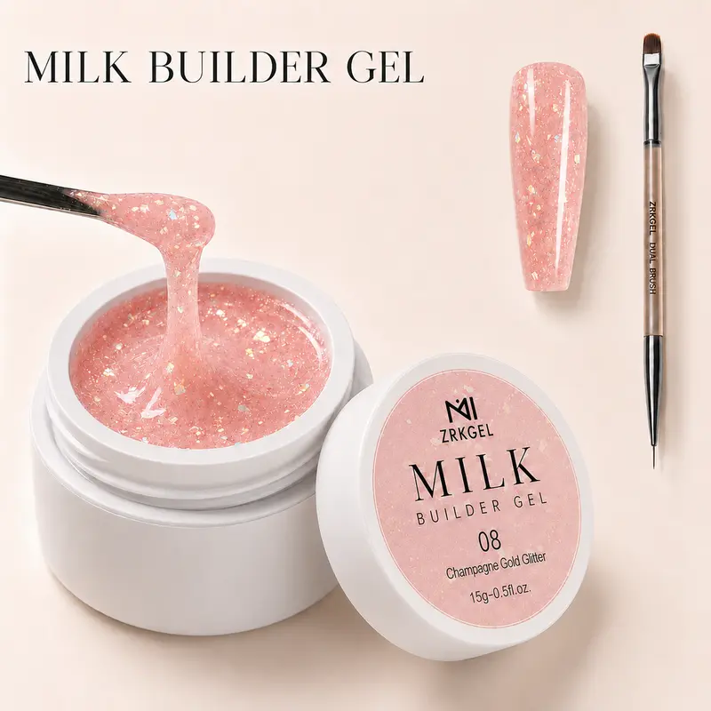 ZRKGEL HEMA-Free BIAB Builder Gel Nail Bottle (15g, Milky White) - Nail Care Cosmetic for Adults, Brush-Apply, Strength Boost, Self-Leveling, UV-Light Cured, Durable, Minimalist for DIY At-Home Extensions & Overlays