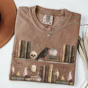 Dark Academia Bookshelf Shirt Comfort Colors, Witchy Halloween Raven Tee, Gothic Vintage Book T-Shirt, Fall Apothecary Cottage Witch T Shirt