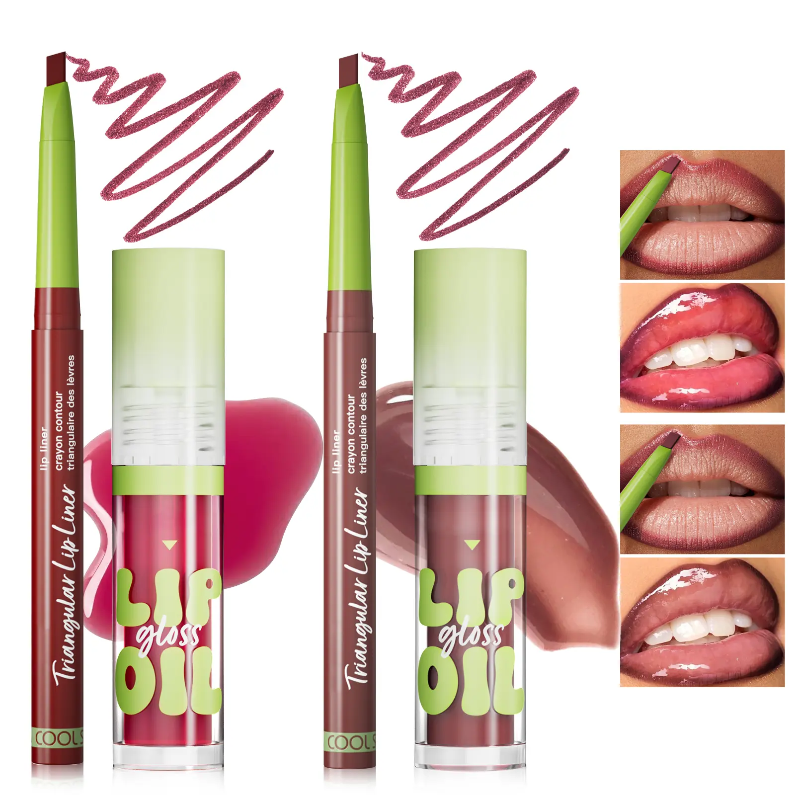 2pcs4color Lip Combo-Lip liner + Lip gloss，Lip Liner Lipstick & Gloss Kit, Nude Peach JuicyLip Mirror Effect, Velvet Matte Lip Liner SmoothBuildable Glass Quick Fuller Lip Plumping Set Makeup Glossy