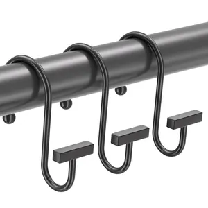 Shower Curtain Hooks, Black Shower Curtain Rings Rust Proof, 12PCS Shower Hooks for Shower Curtain, T-Bar Design Convenient Elegant Shower Curtain Hangers for Bathroom Kitchen Wardrobe