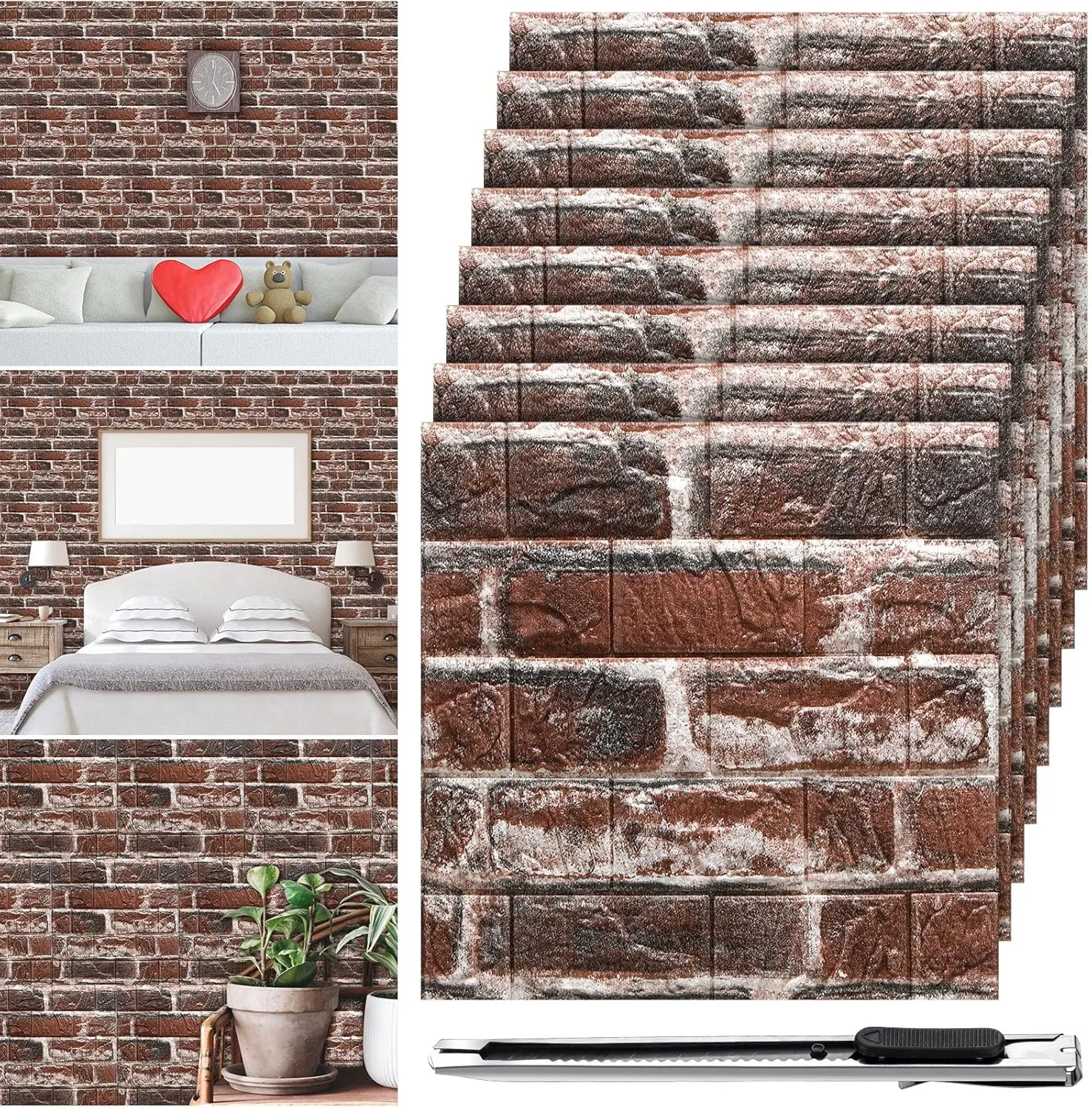 30 Pcs 28.81 Sq ft 3D Wall Panels Peel and Stick Foam Brick Wallpaper Printable Faux Brick Wall Panels Decorative Self Tiles Waterproof(Red Brick)