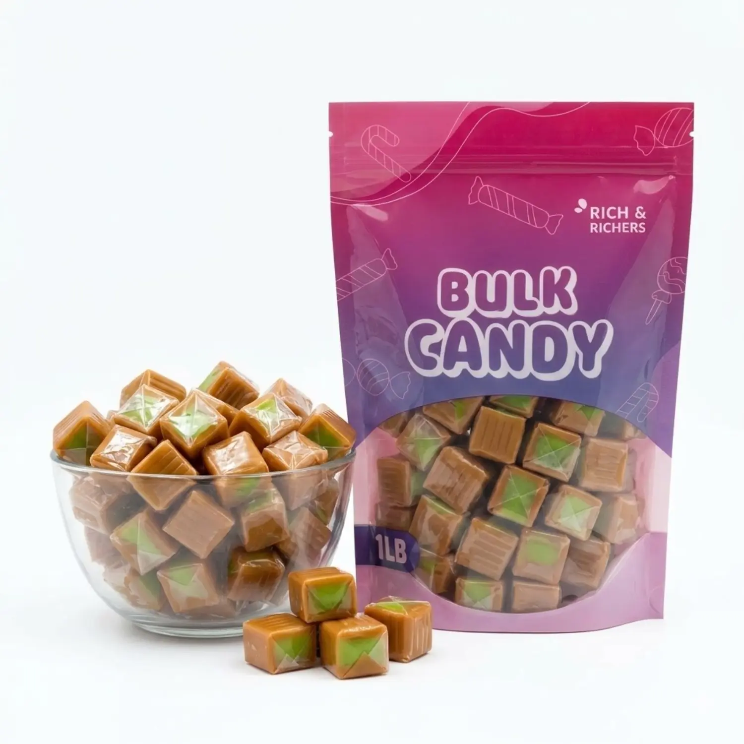 Rich & Richers Green Apple Caramels Cubes – 1LB Bulk Bag – Gourmet Individually Wrapped Tart & Creamy Candy – Sour Apple Filled Chewy Toffee Mix – Bulk Candy for Parties & Snacking