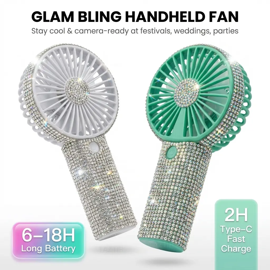 TAZTIR USB Rechargeable Mini Handheld Diamond-Style Personal Cooling Fan - 18h Long Battery, Portable, Desk-Day Cooling, Cool for Outdoor Events, Ideal for Wedding Gift
