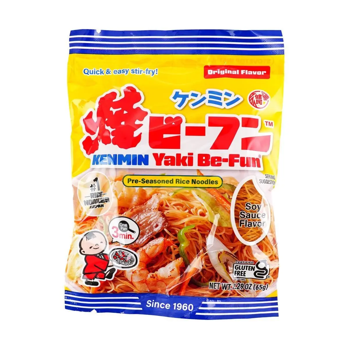 KENMIN Japanese Fried Rice Noodles Soy Sauce Flavor 65g - Non-Fried, Instant 3-Min Cook, Gluten-Free, World's Longest Selling Yakisoba