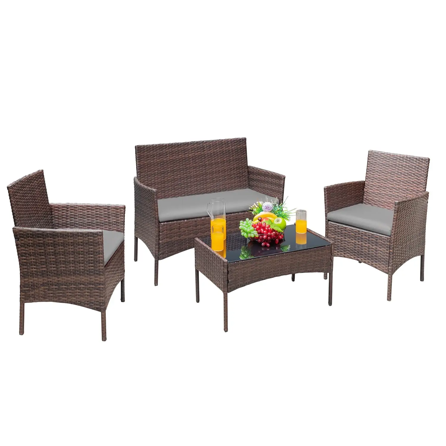 FURMAX 4 Pieces Outdoor Patio Furniture Sets Conversation Sets Rattan Chair Wicker Sets with Cushioned Tempered Glass