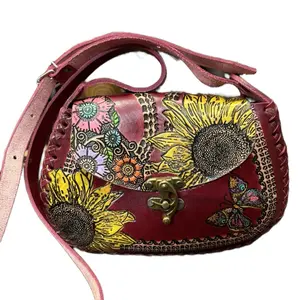 Mexican Artisanal Handbag with Sunflower and Butterfly Design, Red Leather, Adjustable Strap