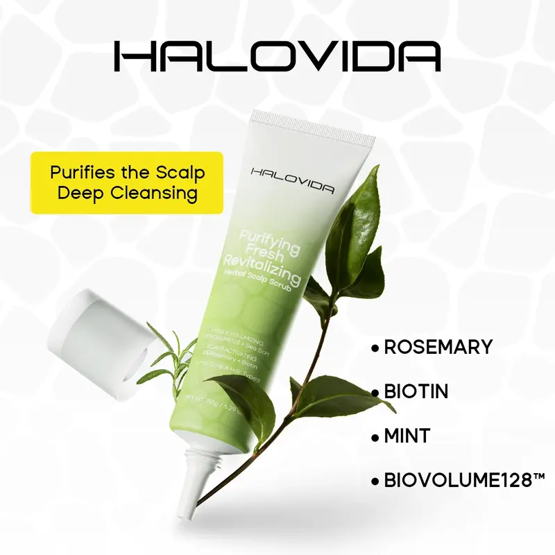 Halovida BIOVOLUME128, Biotin, Rosemary Mint Herbal Scalp Scrub Shampoo for Scalp Calming, Natural Volume Boosting, Deep Cleansing & Hair Refreshing All-in-One,Clean,Paraben-Free, Gentle Formula for All Hair Types,150g
