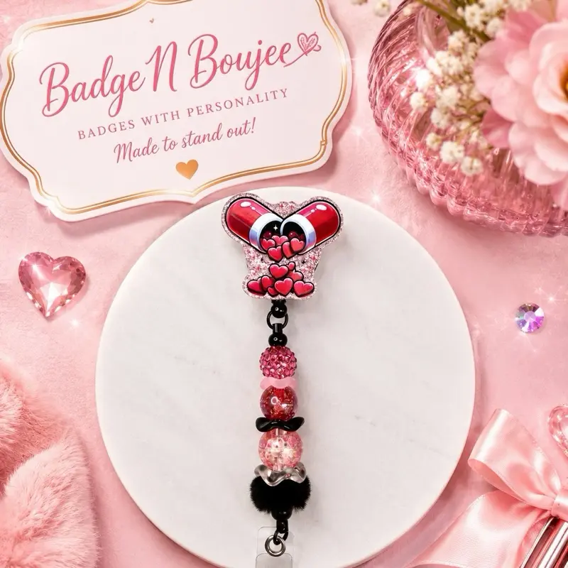 Retractable beaded badge reel on a belt clip for Pharmacy Tech, CPT