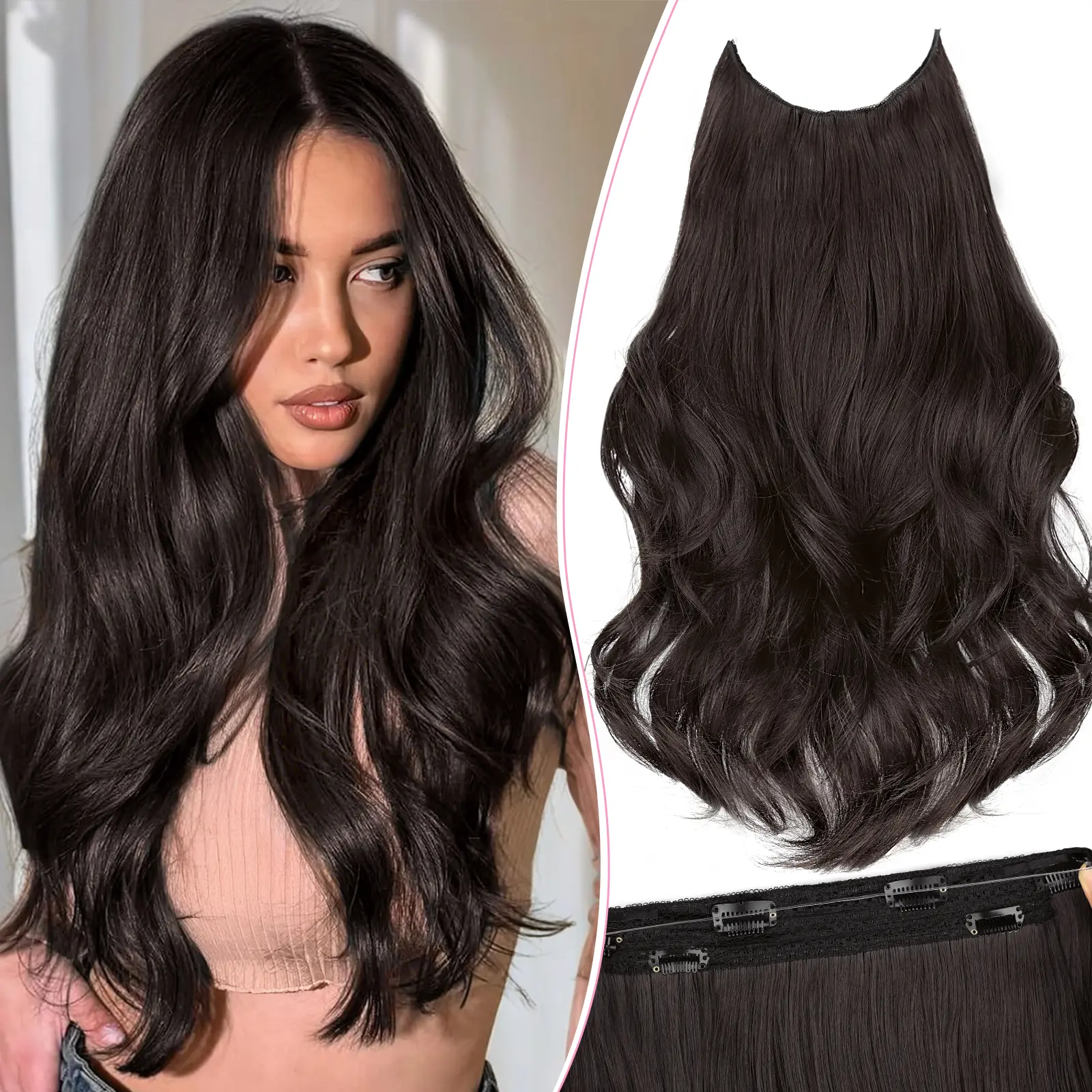 RONTAYA Invisible Wire Hair Extensions - 20in Synthetic Long Water Wave Female Hairpiece with Transparent Adjustable Wire, 6 Secure Clips, Layered Headband Extensions