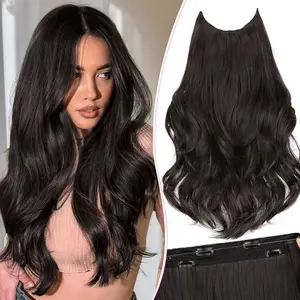 RONTAYA Invisible Wire Hair Extensions with Transparent Wire Adjustable Layered Long Wavy Hairpiece for Women 6 Secure Clips Adjustable Size Invisible Headband Hair Extension 20 Inch