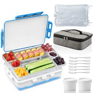 Chilled Snack Box Container with Ice Pack, Portable Travel Food Containers with Lids, Keep Cheese and Fruits Remained Fresh for Hours, Divided Serving Tray for Family Road Trip Beach Picnic Stay-Cool Lunch Box for Car Travel Beach Day