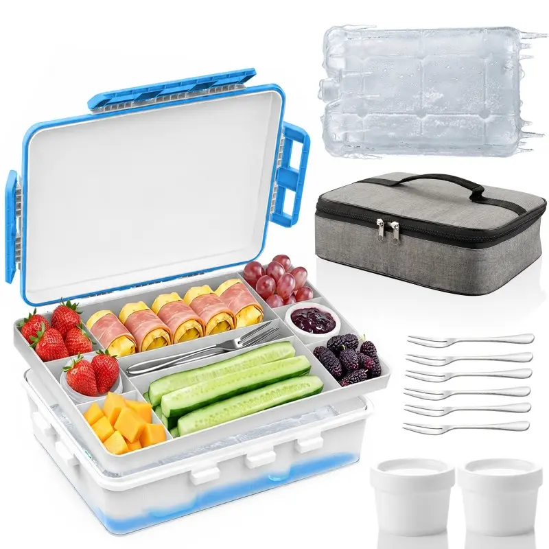 Insulated Durable Lunch Box with Ice Pack & Fork - Polypropylene Chilled Divided Tray, Reusable Snack Container, Portable Lidded Daily Travel Holder, Keeps Cheese & Fruits Fresh, Ideal for Family Road Trips, Parties, Insulated Lunchbox