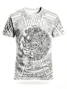 Men's Aztec Calendar Eagle Print T-Shirt, Mexican Indigenous Full-Print Street Style Round Neck Short Sleeve Top, All Seasons Loose Fit
