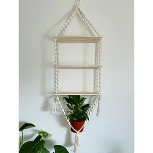 Zentadd Macrame Boho 3 Level Tier Shelves - Handcrafted Hanging Plant Shelf with Tassels for Home Decor