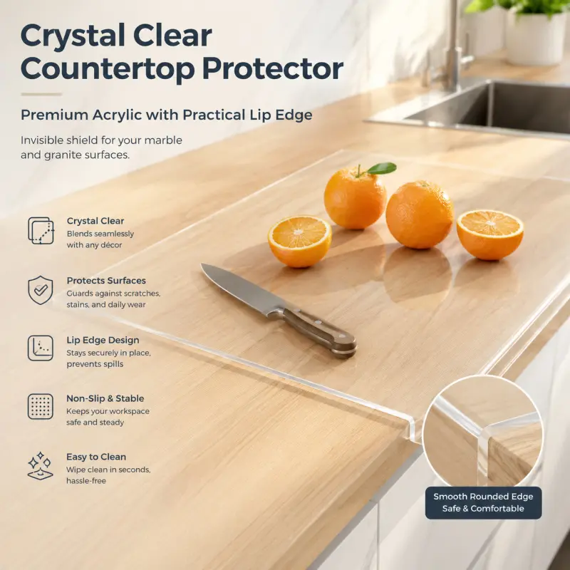 Crystal Clear Acrylic Countertop Protector with Lip Edge, non-slip and stable. Scratch and stain resistant with rounded corners, easy to clean. Ideal for food prep and surface protection on kitchen countertops