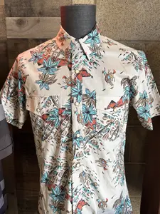 ROCK&ROLL BEIGE/COLORFUL TROPICAL PRINT SHIRT Short Sleeve Fitted for Tucking in Men's Panhandle Rough Stock SKU:RSMSODR0NG True-to-Size Fitted Design Beige Grey & Black Print