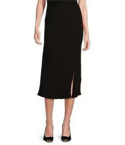 DKNY L Black Side Button Pull On Ribbed Knit Midi Sweater Skirt for Women