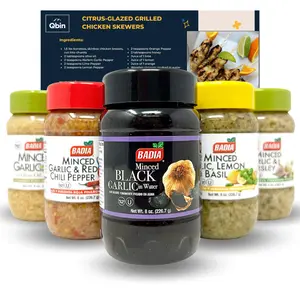 Badia Minced Garlic Flavor Bundle - Garlic & Red Chili Pepper 8 Oz, Garlic Lemon & Basil 8 Oz, Garlic & Parsley 8 Oz, Black Garlic in Water 8 Oz, Garlic in Olive Oil 8 Oz - QBIN Recipe Card - Variety Bundle Pack of 5 Spice Pasta