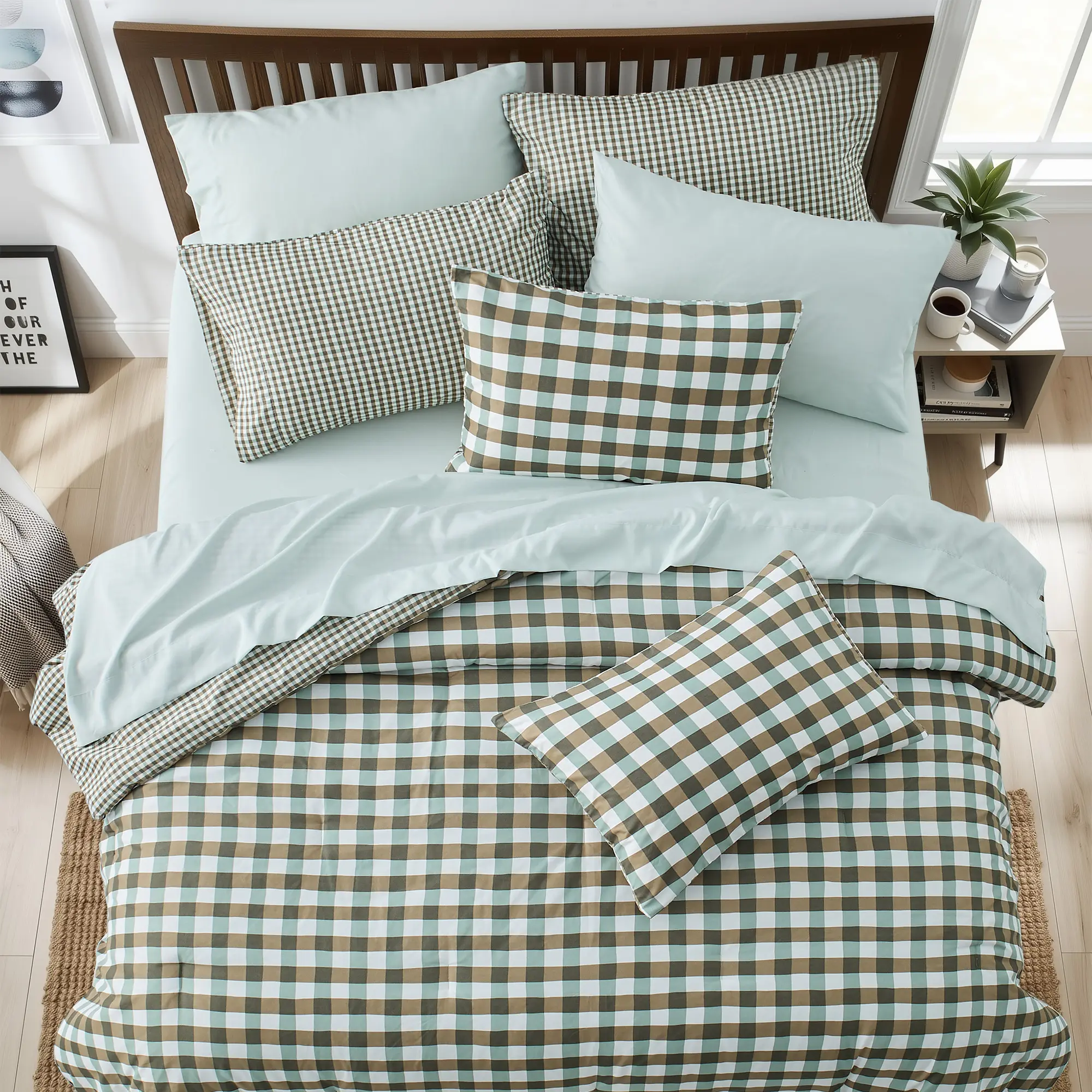 Reversible Check Plaid Microfiber Comforter Set, Vintage Gingham Bedding, All Season Bed In A Bag