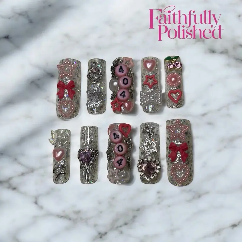 “ATLANTA”- Long Pink Charm Junk Nails Luxury Handmade Press-On Nail Kit by Faithfully Polished