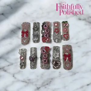 “ATLANTA”- Long Pink Charm Junk Nails Luxury Handmade Press-On Nail Kit by Faithfully Polished