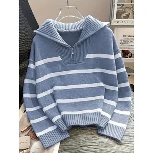 Women's Casual Striped Zip-Up Sweater - Black & White Horizontal Stripes, Soft Fabric with Zipper Front & Lapel Collar, All-Season Versatile Pullover for Casual Attire, Cute Sweaters