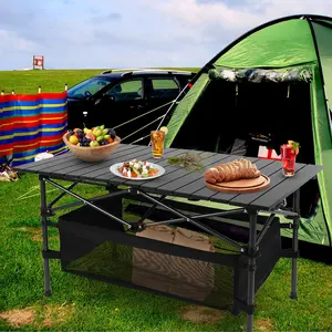 220 lbs Folding Camping Table – 30-Second Tool-Free Setup, Aluminum Roll-Top & Steel Frame, Detachable Mesh Basket, Portable Outdoor Picnic/BBQ/Beach Table with Carry Bag