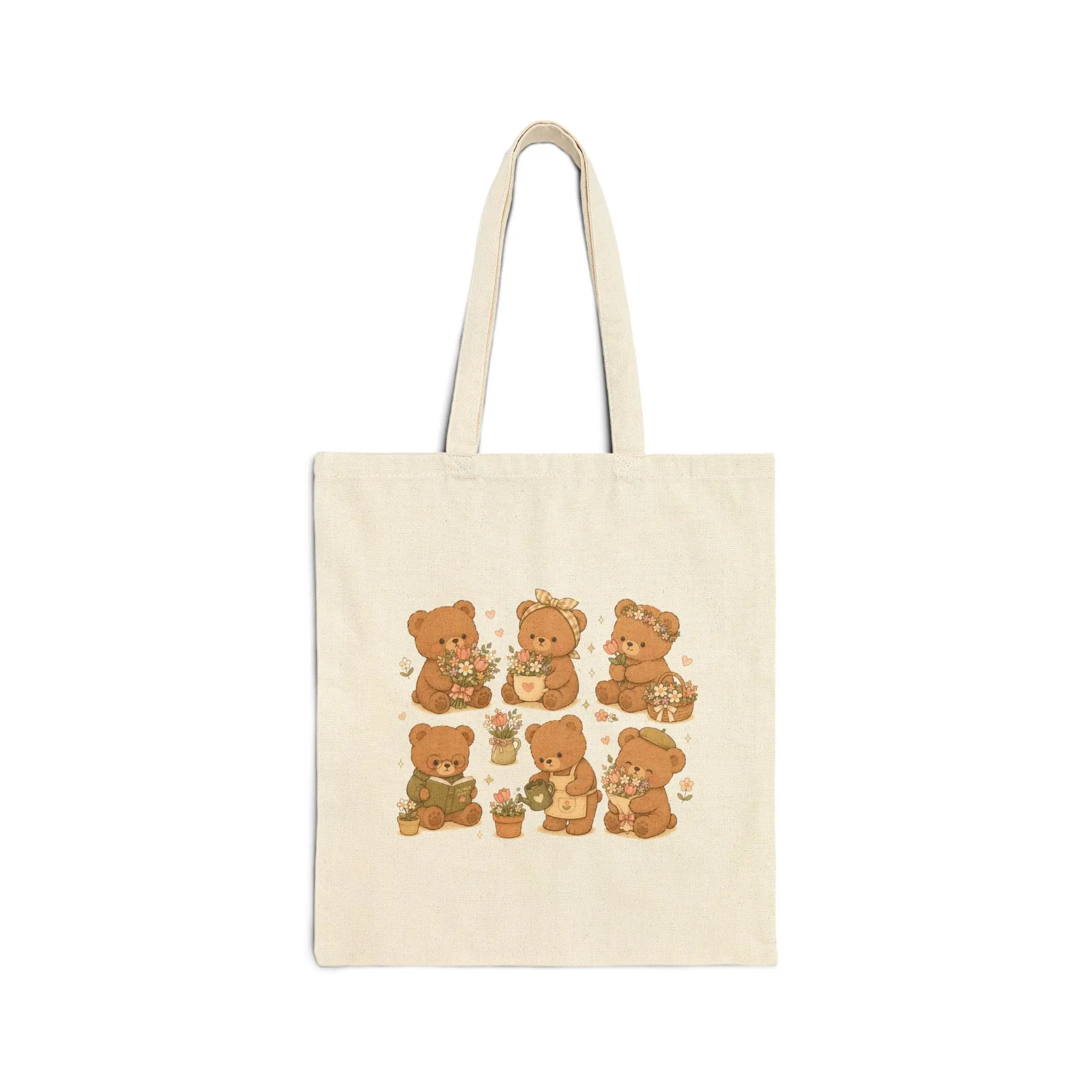 Kawaii Honey Bear Canvas Tote Bag | Cute Floral Picnic Illustration