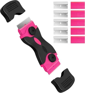 Razor Blade Scraper, Double Edged Razorblade Scraping Tool with 10 Pcs Razor Blades, Paint Scraper for Glass, Decals, Tint, Stickers, Labels, Caulk, Adhesive (Pink)