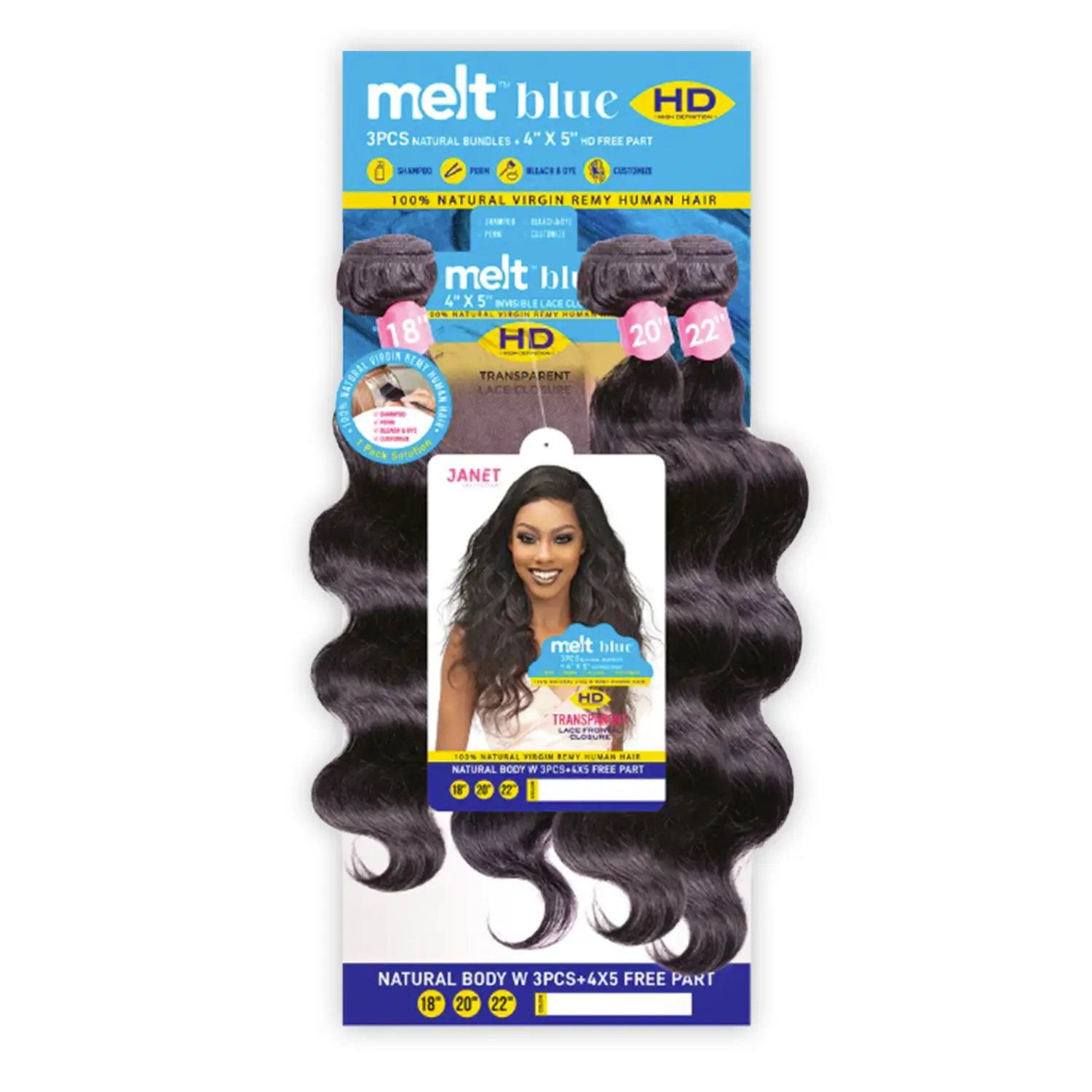 Janet Collection Melt Blue Body Wave Virgin Remy Human Hair Bundles, 3 Piece Set with 4x5 HD Lace Free Part Closure and Added Baby Hair, Bodywave Hair, Human Hair Hairpieces