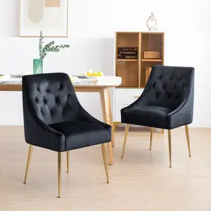 Mid Century Modern Dining Chairs Set of 2, Tufted Velvet Fabric Upholstered Armless Indoor Kitchen Chairs with Thick Cushions, Wide Backrest, Gold Legs, Back Pull Rod, Requires Assembly