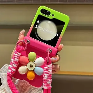 Lanyard Crossbody Strap Necklace Colorful Flowers Rose Red Chain Case for Samsung Galaxy Z Flip7 Z Flip6 Z Flip5 Z Flip4 3 Cover