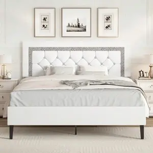 Upholstered Bed Frame With Headboard, Modern Bed Frame With Diamond Tufted Headboard, PU Leather Bed Frame, No Box Spring Needed, Easy Assembly, White/ Black/ Pink, Twin/ Full/ Queen