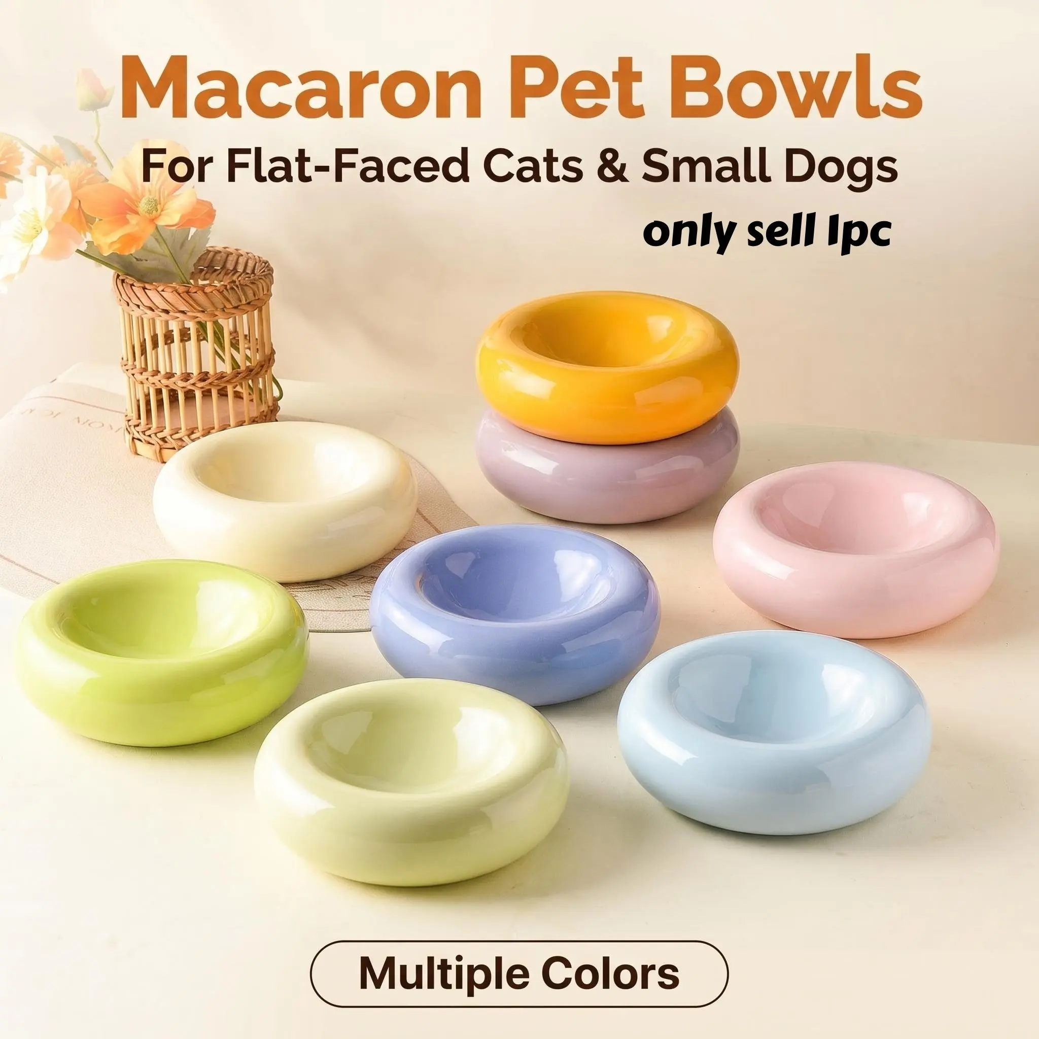 High Aesthetic Donut Ceramic Pet Bowl, Puppy Bowl, Fashionable Snack and Water Dish, Wide Edge Anti-Drip Design, Easy to Clean, Suitable for Small to Medium Pets