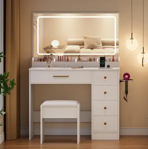 LAKEMID Makeup Vanity with Power Outlet & Hair Dryer Rack 3 Color  Options 36" Table 5 Drawers Stool White Adjustable LED Set for Bedroom light up Dimmable Mirror full