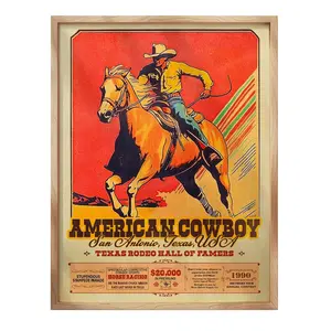 Vintage American Cowboy Poster, Bold Western Rodeo Wall Art with Classic Horseback Illustration, Perfect for Rustic Home Decor, Bars & Man Cave Walls