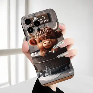 Phone case: Cute Highland Cow in Bathtub with "HELLO SWEET CHEEKS" Sign Art Design Phone Case Soft TPU Anti-Fall Full Protective Case Compatible with iPhone 7/8/11/12/13/14/15/16/17/17 Air/17 Pro/17 Pro Max/E/Plus/X/Xs Max/XR//SE iPhone Comfor Samsung S25