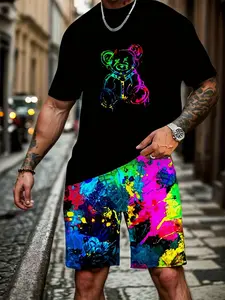 Men's Comfortable Stretch Neon Graffiti Bear Cartoon Print Set, Teddy, Short Sleeve Shorts, Casual Fitted, All Seasons