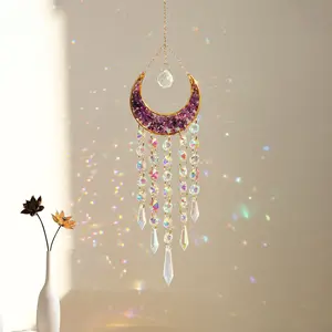 Crystal Sun Catcher, Moon Suncatcher with Crystal Purple Stones, Handmade Rainbow Maker Indoor Outdoor Decor for Window Bedroom Courtyard Garden, Bless Gift