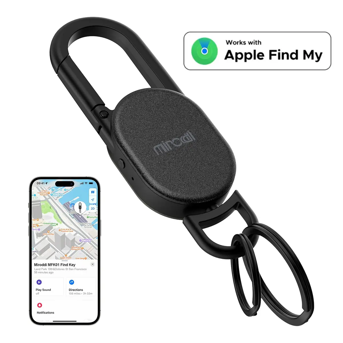Miroddi Keychain Tracker, Works with Apple Find My(iOS Only), Heavy Duty Metal Carabiner Car Key Chains with GPS Tracker, Anti-Lost Keyring Finder Locator, Rechargeable, Steel, Waterproof, Christmas Gifts for BF, GF, Mens, Males