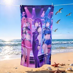 Cyberpunk Blue Girl Idol Trio Print Beach Towel, Skin-Friendly, Absorbent, Quick-Dry, Perfect for Beach, Pool, Summer Outdoors