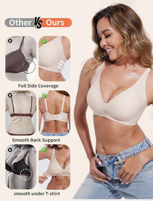 Obind Wireless Jelly Deep-V Bra Everyday Comfort Push-Up Seamless T-Shirt Bra Slimming Design Adjustable Straps Minimalist Soft Butter-Fabric Breathable Mesh Triangle Panel Basic Women’s Underwear