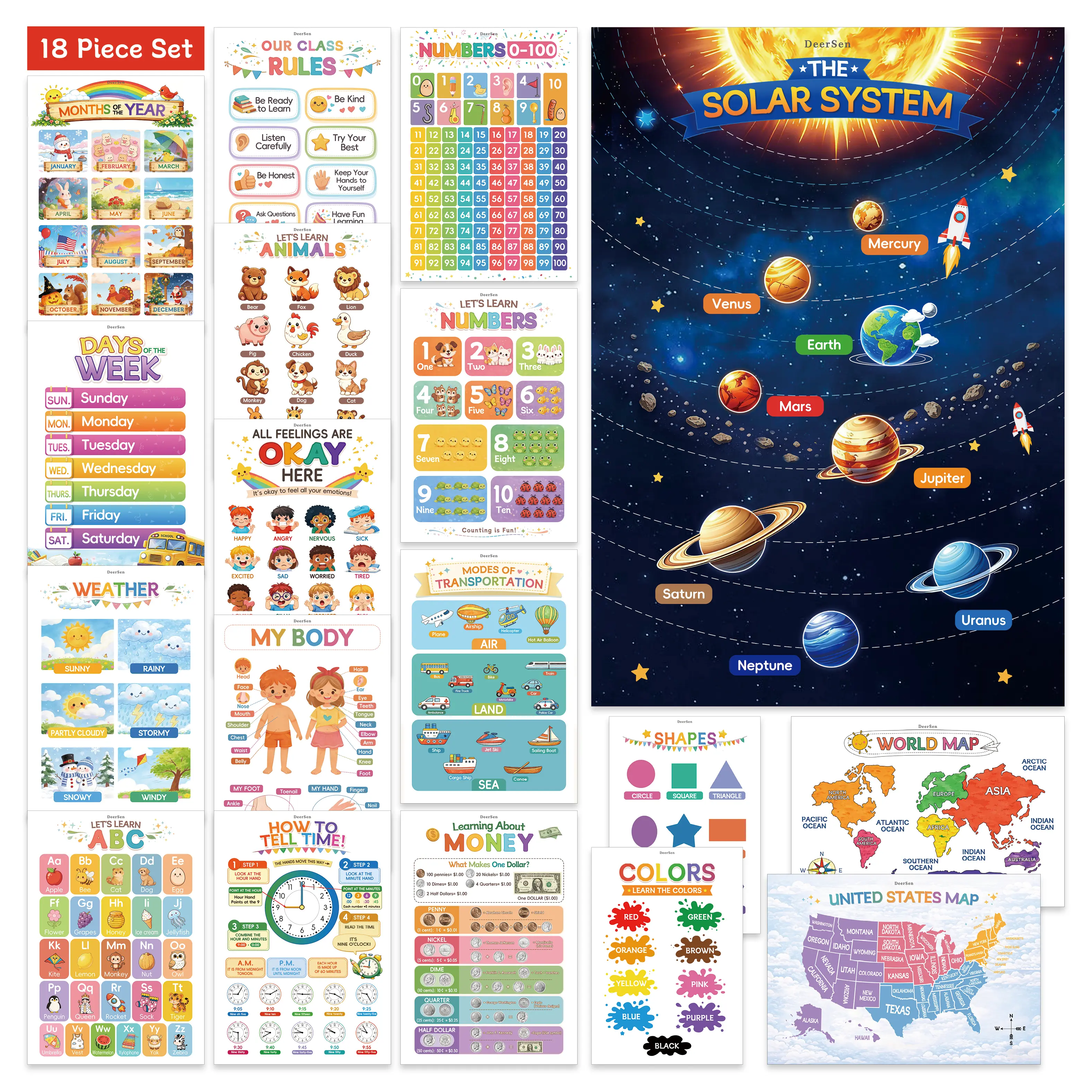 DEESEN Toddler Learning Posters Ages 1-3, Laminated Preschool Educational Posters, Colorful Learning Wall Charts for Homeschool, Playroom & Pre-K Classroom