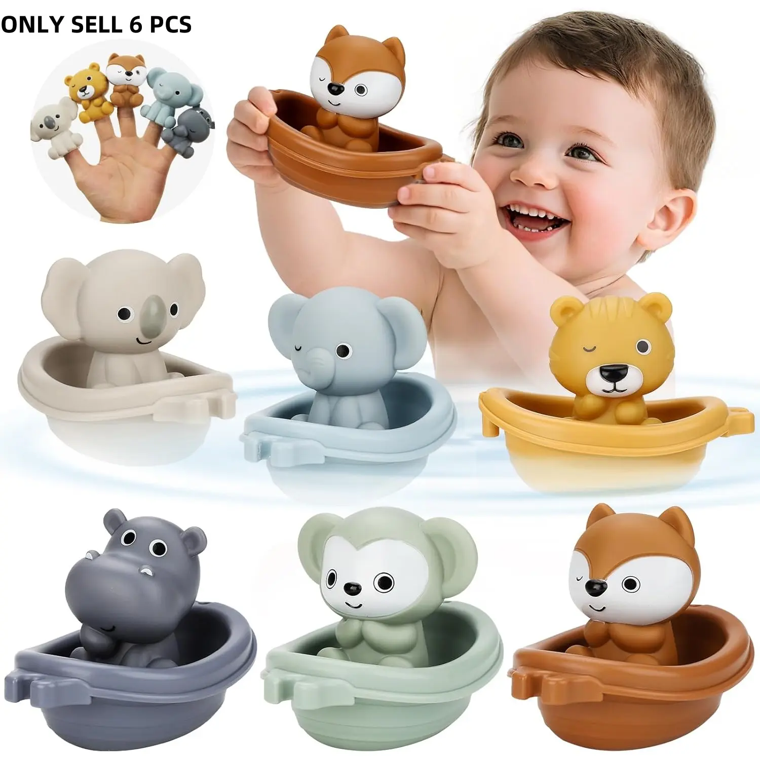 Bath Toys Float Boats for Kids, Cute Stackable Floaty Boat, Animal Finger Puppets, Toddler Toys Gifts for Baby Gifts, Fun Bath Time Accessories